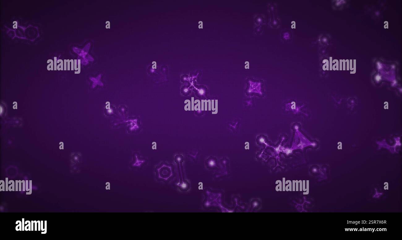 Image de molécules de lumière violette se déplaçant sur fond violet Banque D'Images