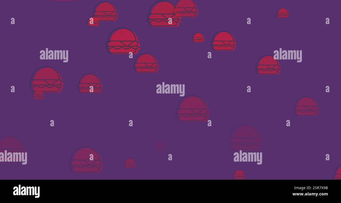 Image des icônes de hamburgers tombant sur fond violet Banque D'Images