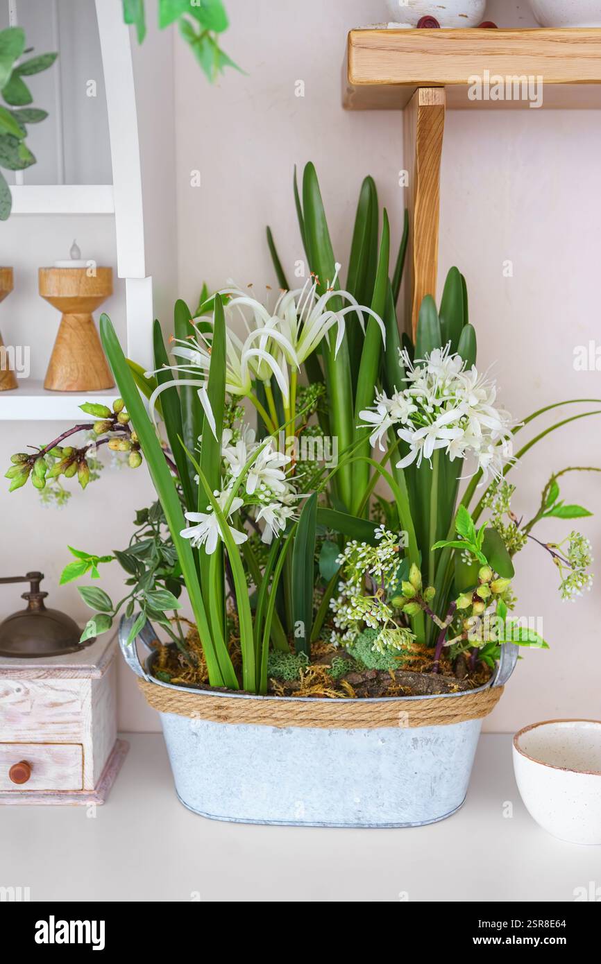 Pot décoratif rempli de plantes vertes luxuriantes et de fleurs blanches sur une étagère dans la cuisine sur une table blanche. Maquette de printemps, modèle. Composition de Pâques Banque D'Images