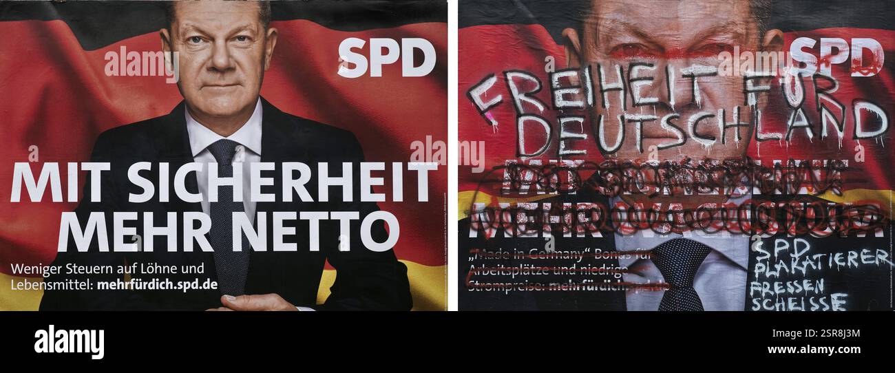 Comparaison de deux grandes affiches pour l'élection fédérale de 2025 par le SPD avec Olaf Scholz, Witten, Rhénanie-du-Nord-Westphalie, Allemagne, Europe Banque D'Images