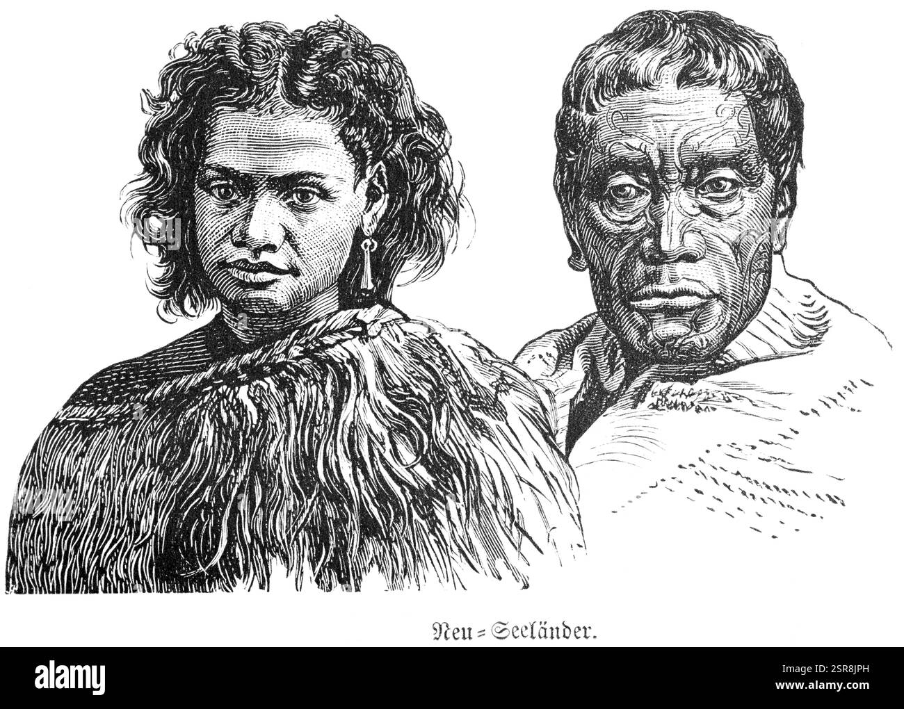 Portrait de deux Maoris néo-zélandais ou maoris, jeune femme et vieillard, tatouage, bijoux d'oreille, de face, voyage, nouvelle-Zélande, illustrat historique Banque D'Images
