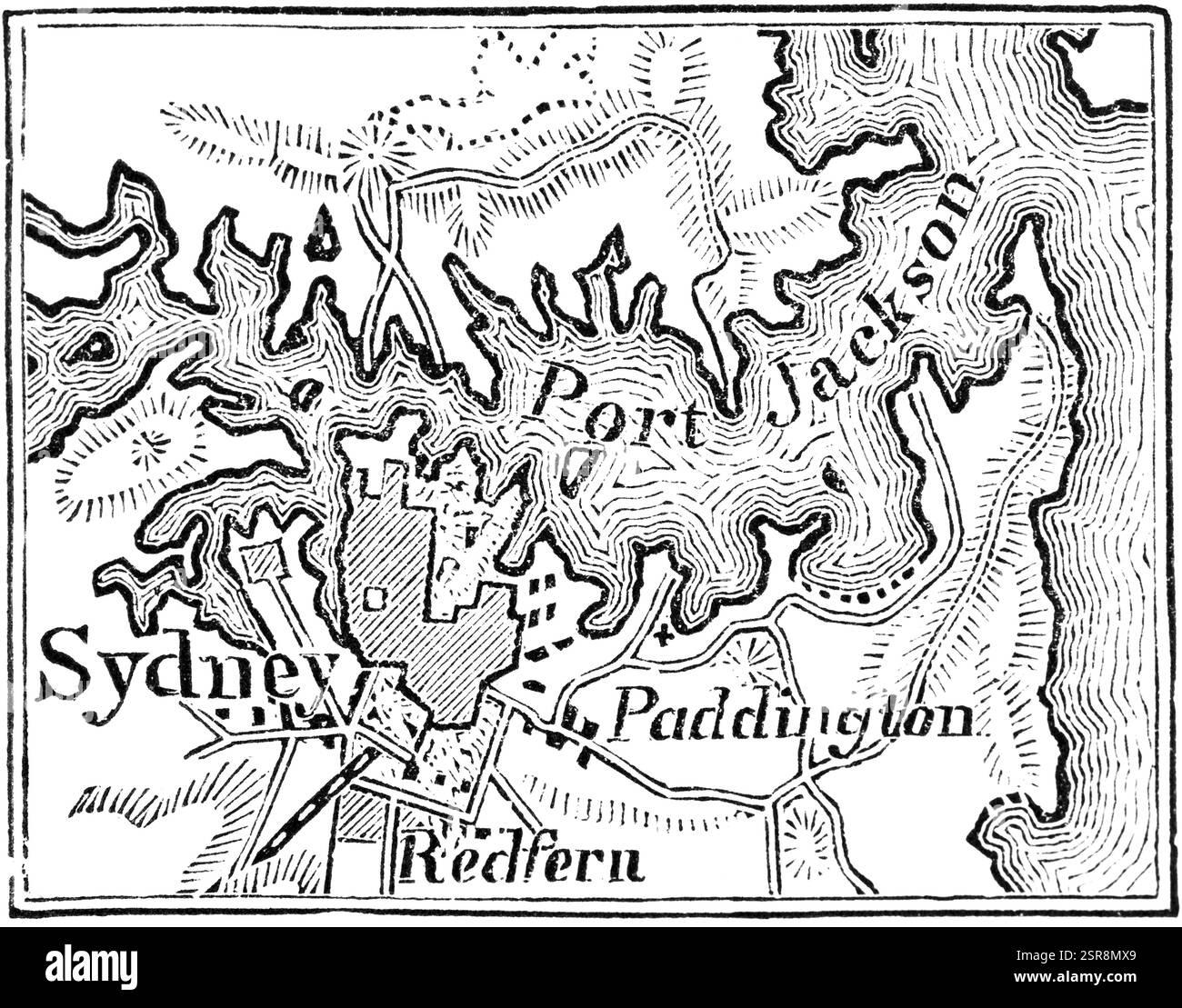 Carte topographique de Sydney et ses environs, 19th Century, Port Jackson, Paddington, Redfern, routes, chemin de fer, montagnes, voyage, Australie, illu historique Banque D'Images