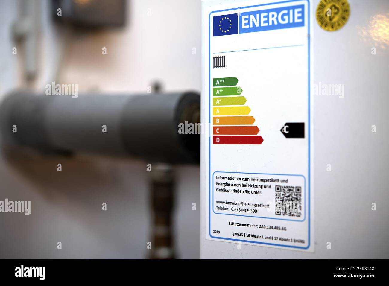 Étiquette de chauffage, étiquette d'efficacité, étiquette de chauffage avec des informations sur l'économie d'énergie, ancien système de chauffage, chauffage au gaz, services de construction, Stuttgart, Baden Banque D'Images