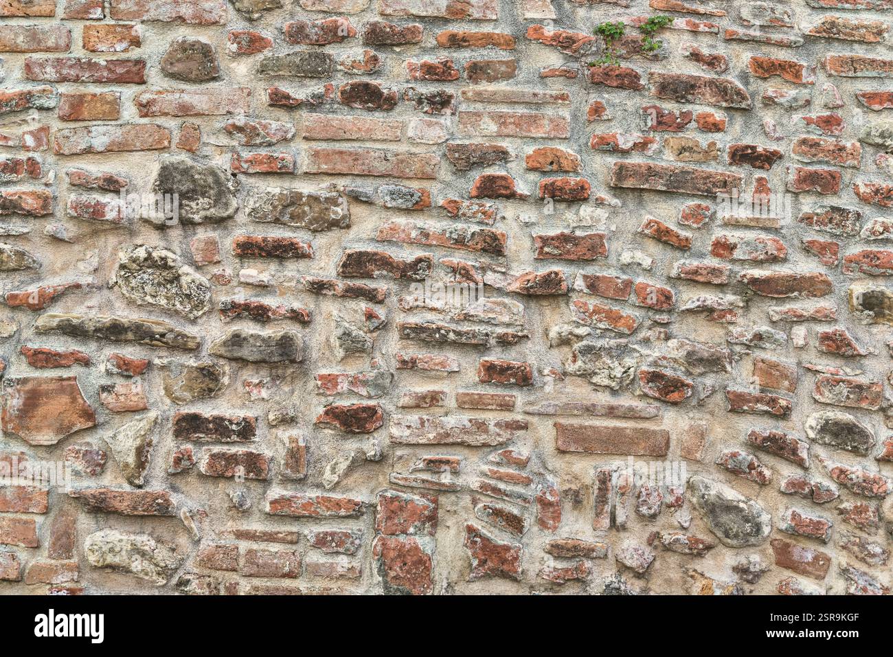 Mur rustique toscan avec briques et pierres apparentes, mettant en valeur l'artisanat traditionnel. Parfait pour le design architectural, historique et de texture pro Banque D'Images