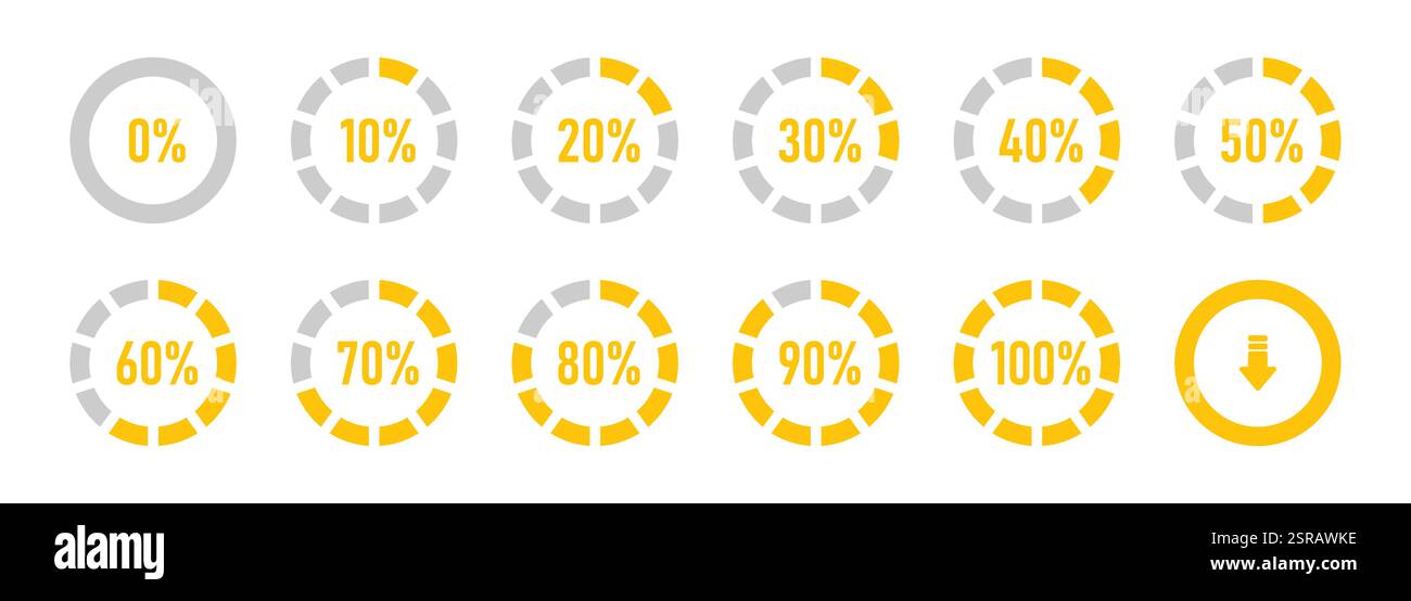Icône infographique, cercle de chargement et processus avec illustration d'image vectorielle de 0 à 100 % en couleur jaune. Illustration de Vecteur