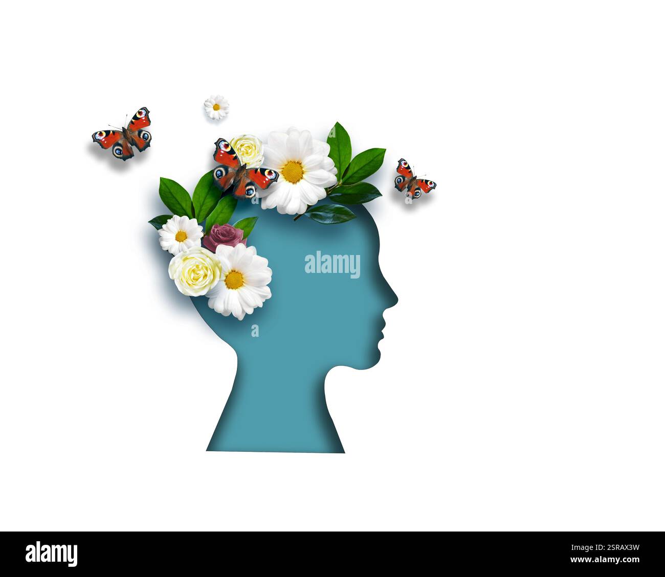 Santé mentale. Tête de femme avec fleur fraîche colorée sur fond blanc. Tranquillité d'esprit, équilibre émotionnel, pensée positive, joie et amour de la vie co Banque D'Images