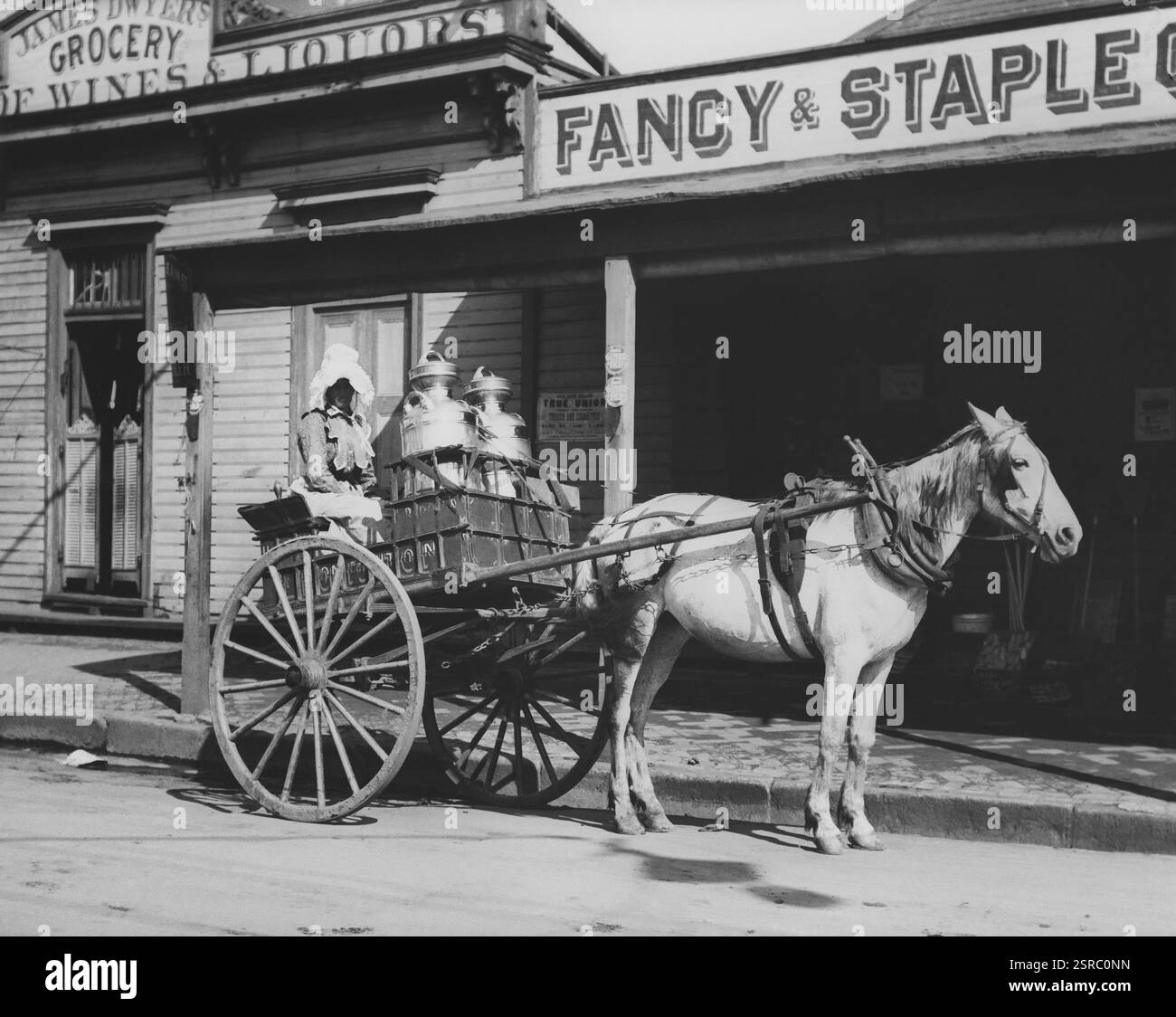 Femme bien habillée assise dans le chariot d'un carton de lait conduit par un cheval debout devant une épicerie à l'ancienne à la Nouvelle-Orléans Banque D'Images