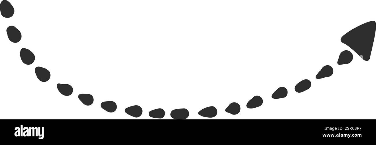 Flèche en pointillés réalisée à partir de petits points noirs, pointant vers le haut et vers la droite, avec une trajectoire longue et courbe. Isolé sur un backgrou blanc propre Illustration de Vecteur