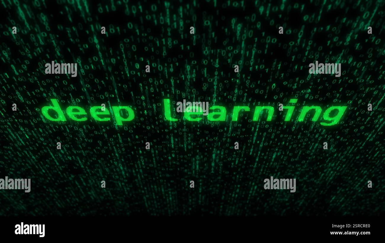 Intelligence artificielle d'apprentissage profond et machine apprendre la saisie de texte sur l'écran d'affichage. Recherche avec pixel rétro de moniteur avec pépins et bruit Banque D'Images