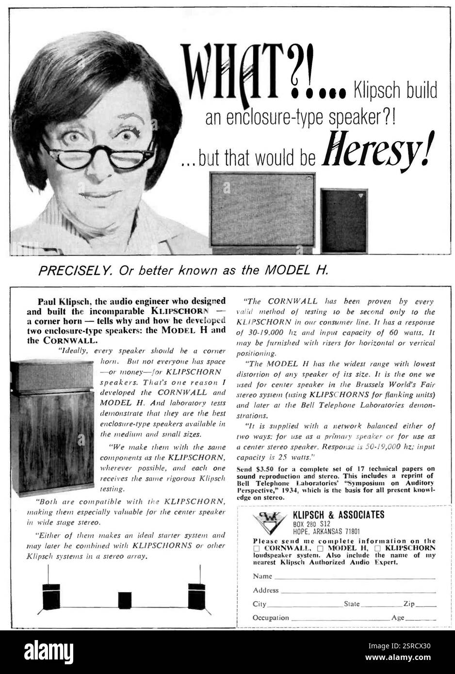 1967 US Klipsch & Associates annonce haut-parleur de type enceinte Banque D'Images