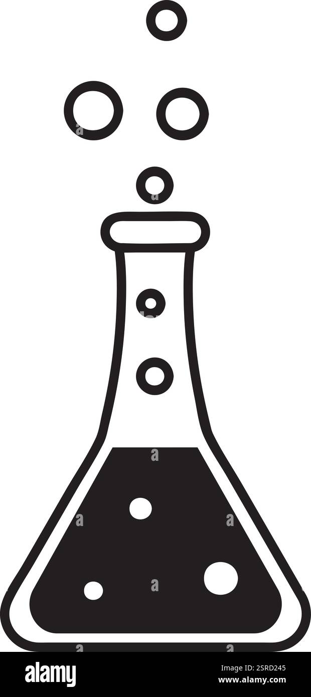 Illustration simple en noir et blanc d'un flacon conique avec bouillonnement de liquide bouillant et libération de gaz, idéal pour les projets éducatifs ou scientifiques Illustration de Vecteur
