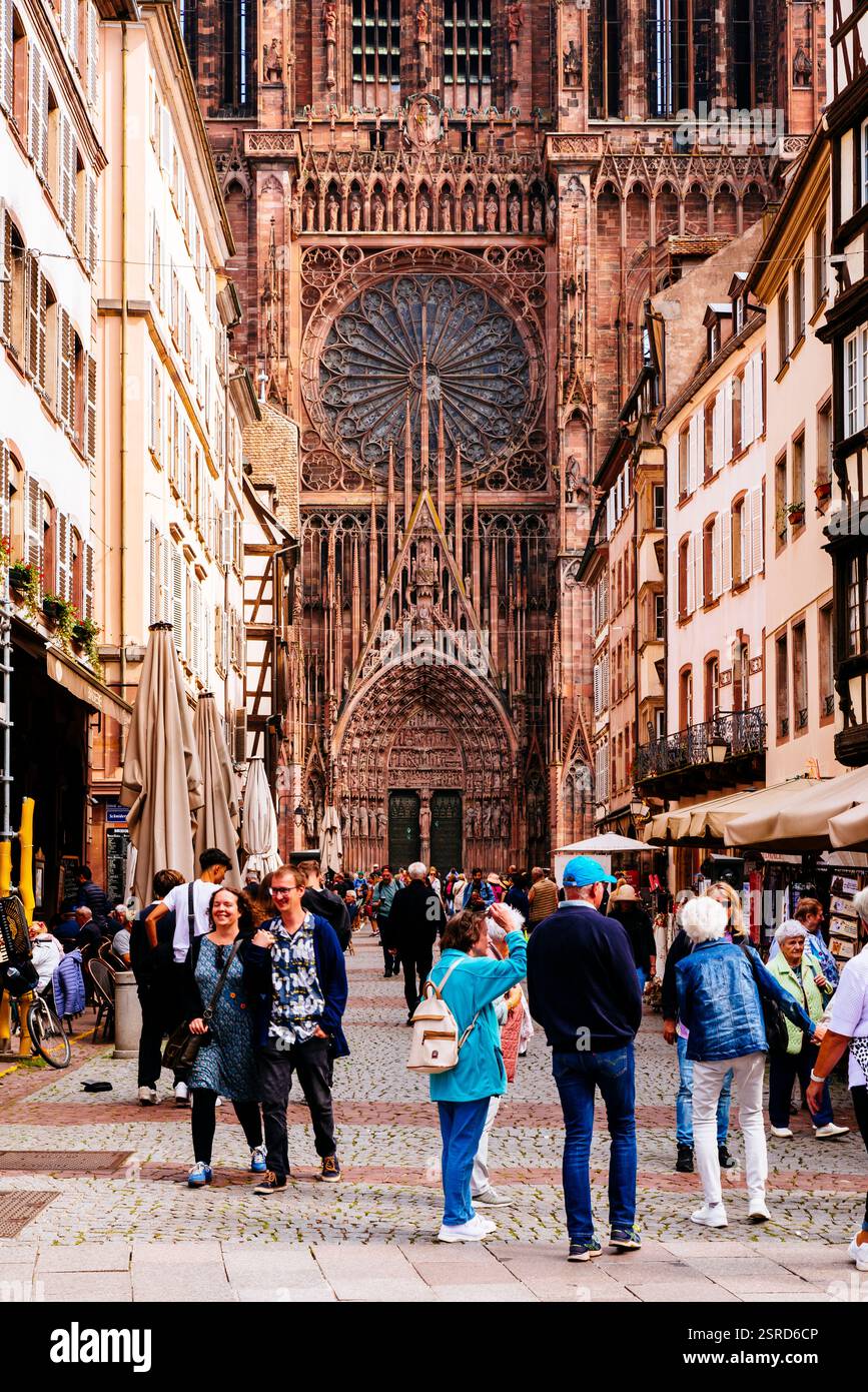 L'emblématique rue Mercière avec ses bâtiments à colombages et le côté ouest de la cathédrale de Strasbourg ou de la cathédrale notre-Dame de Strasbourg, al Banque D'Images