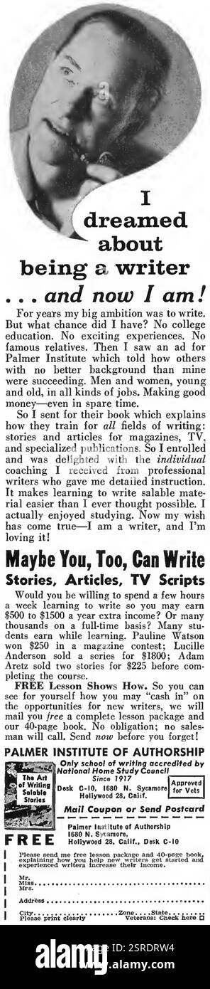 1960 US Palmer Institute of Authship ad - école d'écriture - l'art d'écrire des histoires vendables livre Banque D'Images