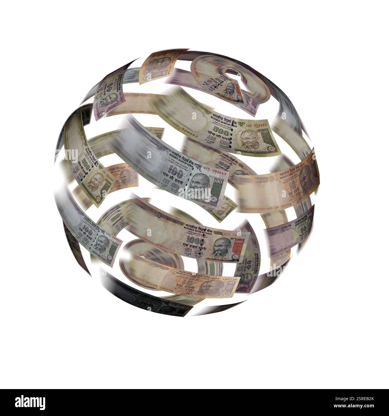 Déménagement billets de monnaie ronde contre fond blanc Banque D'Images