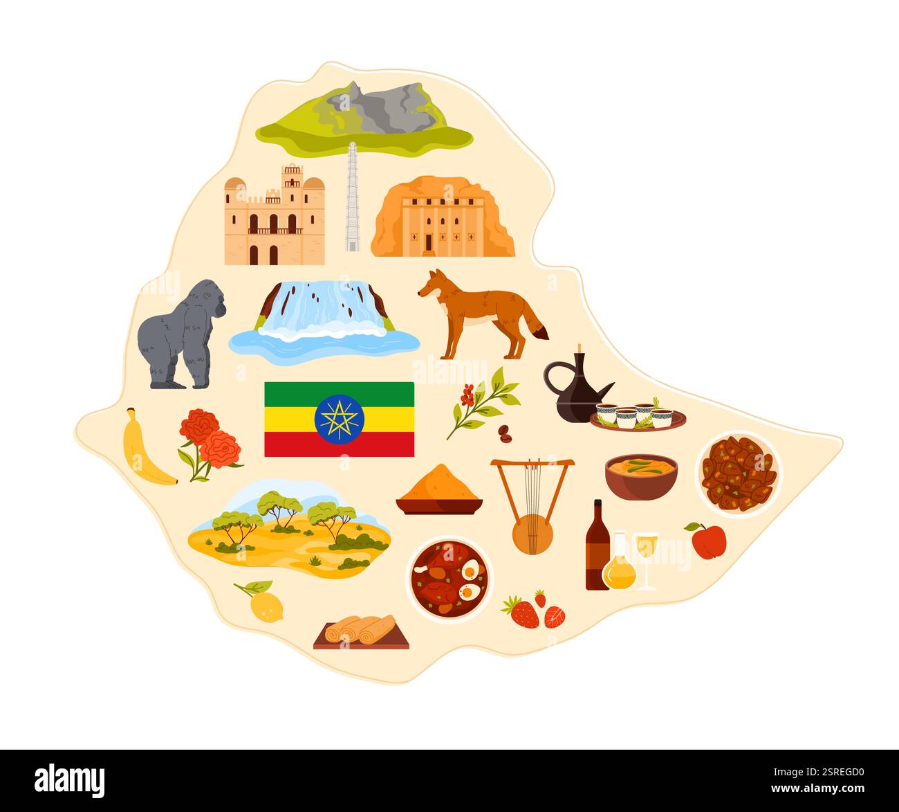 Voyage à Ethiopie set, autocollants de nourriture et de culture, savane nature et paysage de montagne sur la carte infographique du pays avec drapeau. Attractions touristiques célèbres, illustration vectorielle de café et d'animaux Illustration de Vecteur