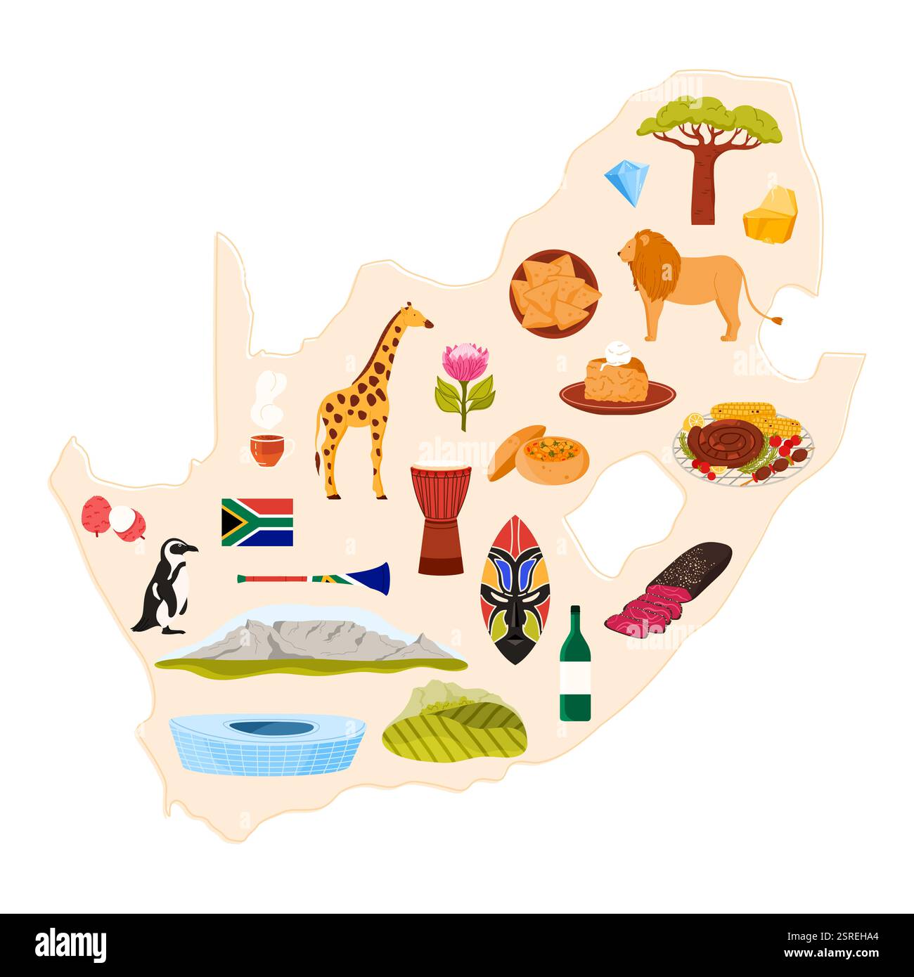 Voyagez en Afrique du Sud set, la culture africaine et les monuments, la nourriture et le vin sur la carte infographique du pays. Faune et flore tropicales, fleur de protéa et pépite d'or, girafe, illustration vectorielle de dessin animé de lion Illustration de Vecteur