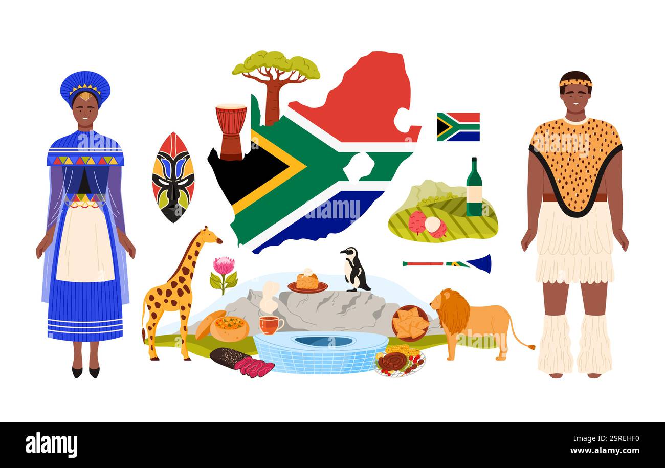 Voyage en Afrique du Sud, peuple africain en tenue ethnique nationale, éléments de nourriture et de culture dans le collage infographique. Grand drapeau et paysages de la nature, stade du Cap, illustration vectorielle de dessin animé de baobab Illustration de Vecteur