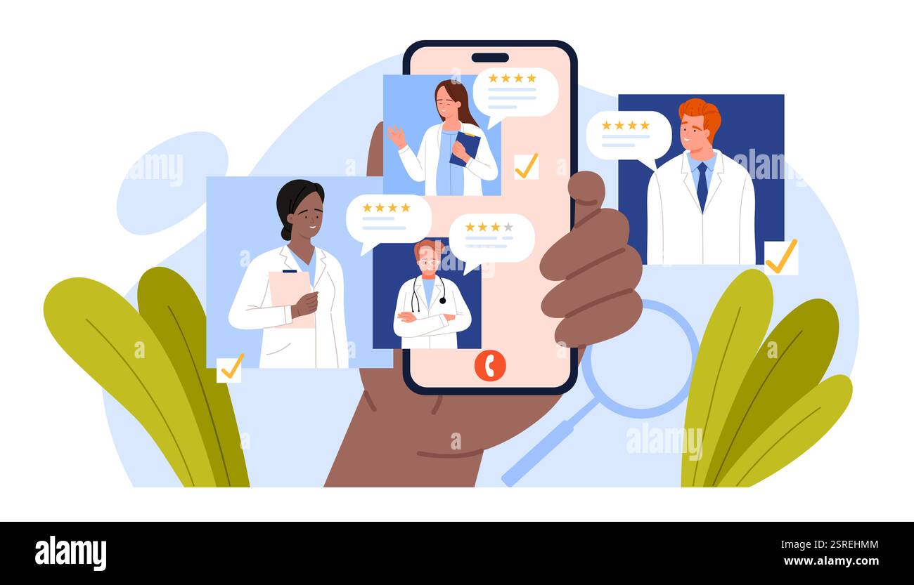 Choisissez médecin en ligne, meilleure recherche de personnel médical dans l'application mobile, télémédecine. Main tenant smartphone pour lire les commentaires des patients, comparer et analyser l'illustration vectorielle de dessin animé d'opinion Illustration de Vecteur