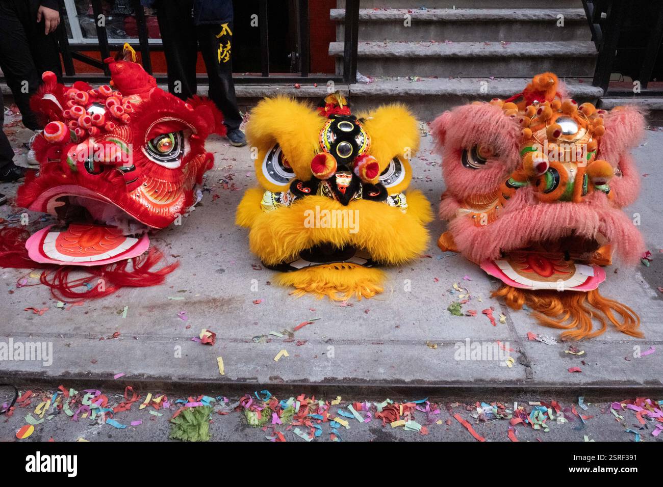 New York, États-Unis. 08th Feb, 2025. Gros plan des têtes de lion pendant l'événement. Plus de 20 troupes de danse Lion sillonnent les rues du quartier chinois de New York pour le Super Saturday en l'honneur du nouvel an lunaire. (Photo de Syndi Pilar/SOPA images/SIPA USA) crédit : SIPA USA/Alamy Live News Banque D'Images