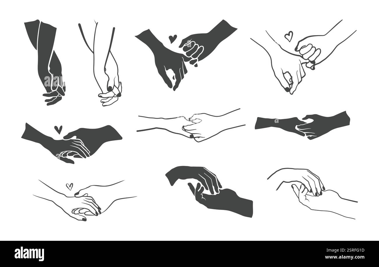 Tenir les vecteurs de mains, tenir les mains contour, tenir la silhouette de main, couple mains, couple mains Silhouette, dessin au trait des mains de couple. Illustration de Vecteur