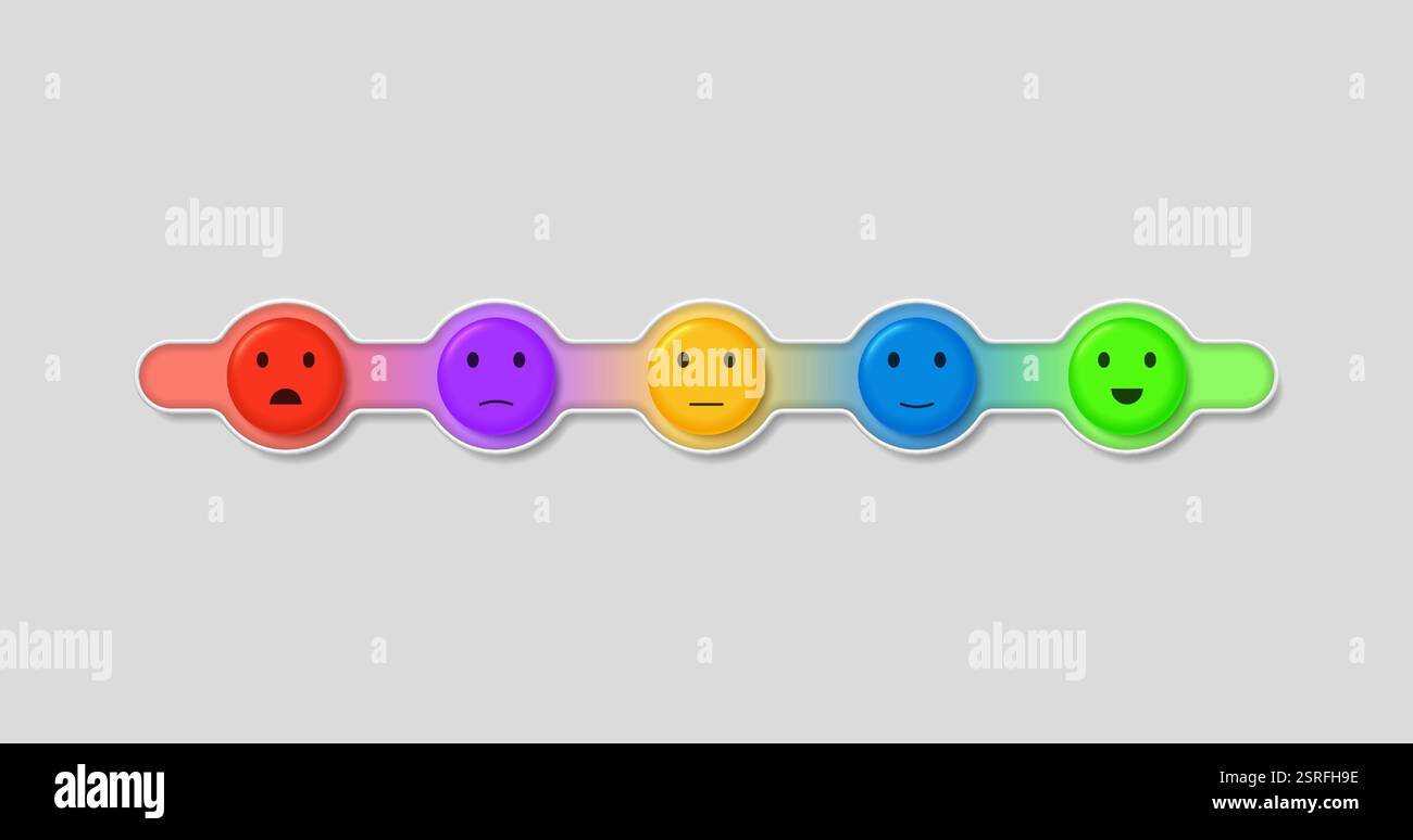 Échelle de rétroaction, note de satisfaction et concept d'émotion sous la forme de boules colorées émotionnelles dans un cadre. Illustration vectorielle 3D. Illustration de Vecteur
