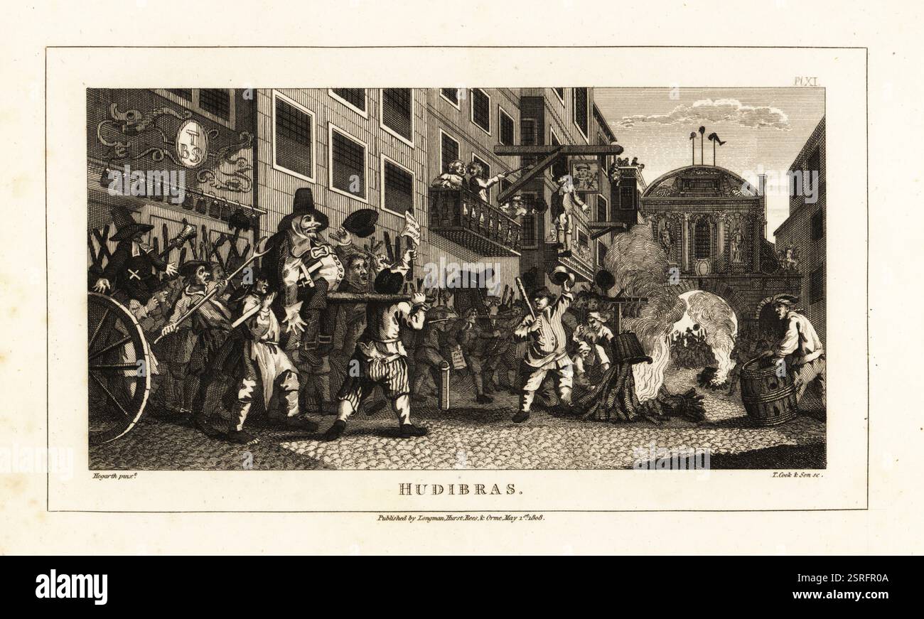 Brûler les rumeurs à Temple-Bar. Une foule apporte des effigies masquées de Hudibras et son écuyer Ralpho devant une rangée de boucheries pour être brûlées sur des feux de joie. Une effigie est suspendue à un panneau de pub. Satire d'une protestation contre le Parlement croupier en 1659. Gravure sur cuivre par Thomas Cook tirée des œuvres authentiques de William Hogarth, Longman, Hurst, Londres, 1808. Banque D'Images
