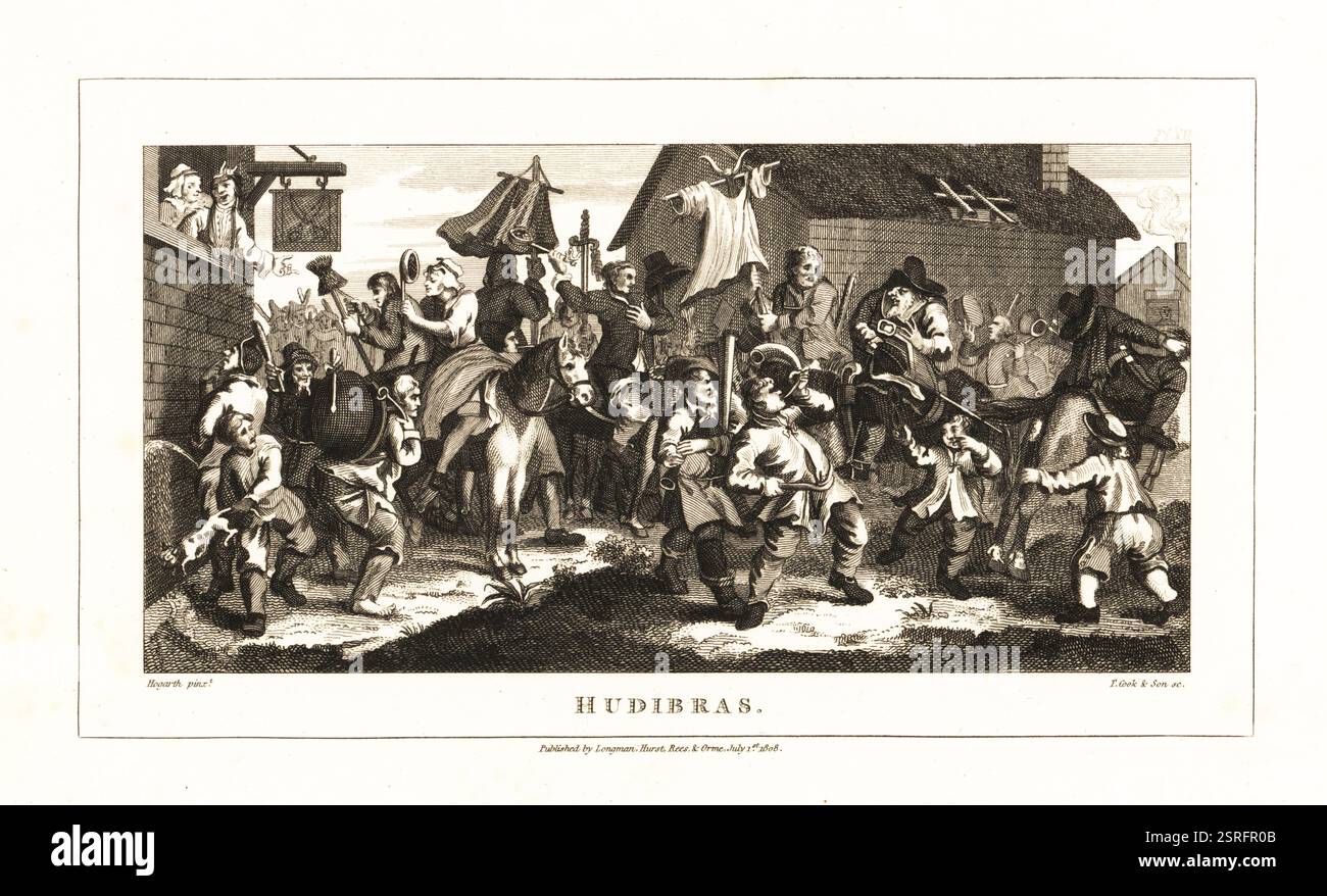 Les Hudibras de Samuel Butler rencontrent les Skimmington Riders. Hudibras et Ralpho confondent la traditionnelle parade de charivari avec une procession du diable. La foule agitée leur jette des œufs et des flambeaux pendant son discours puritain. Gravure sur cuivre par Thomas Cook tirée des œuvres authentiques de William Hogarth, Longman, Hurst, Londres, 1808. Banque D'Images