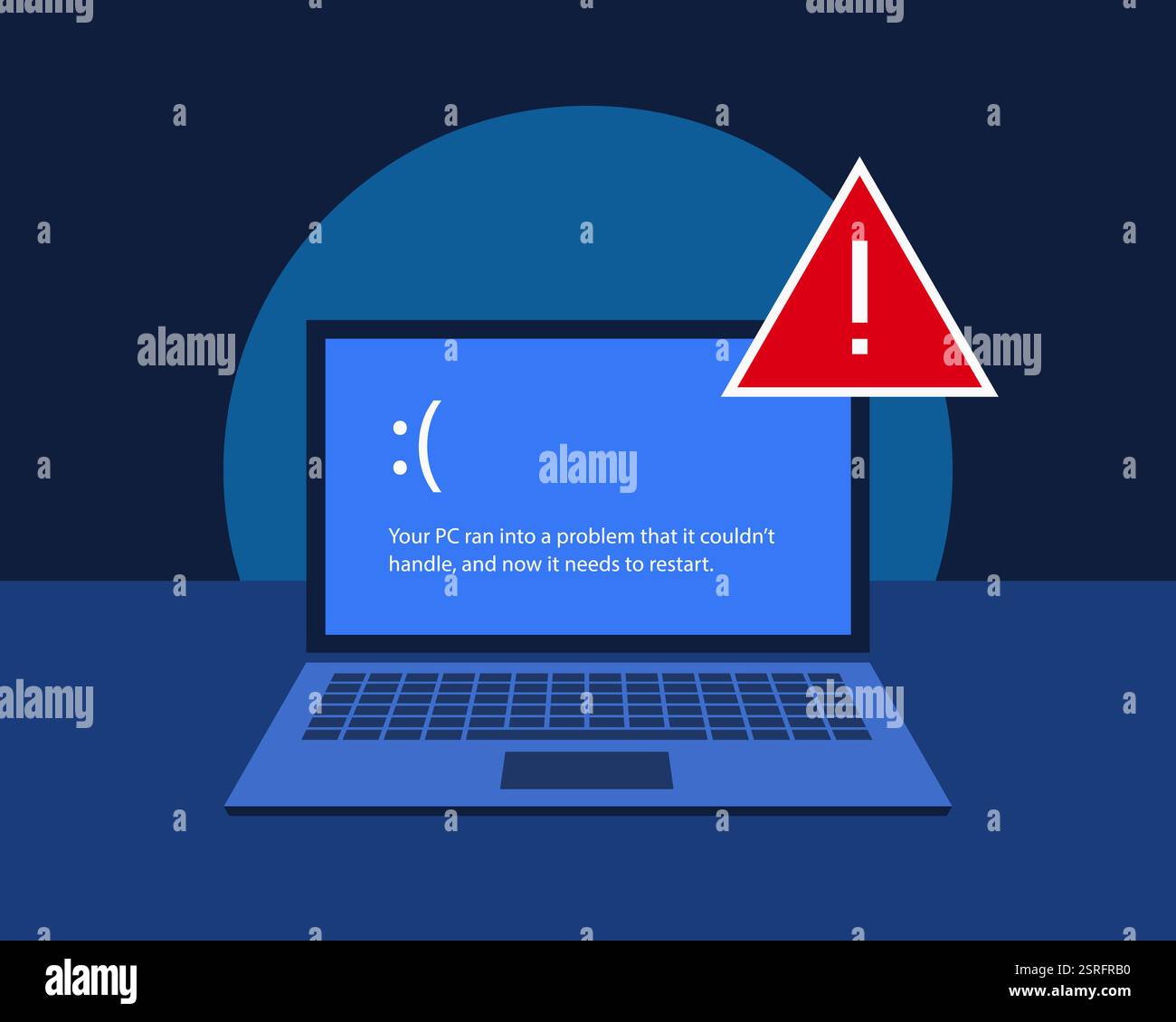 Problème informatique. Erreur d'écran bleu sur un écran d'ordinateur portable avec un signe d'avertissement rouge. Illustration simplifiée. Banque D'Images