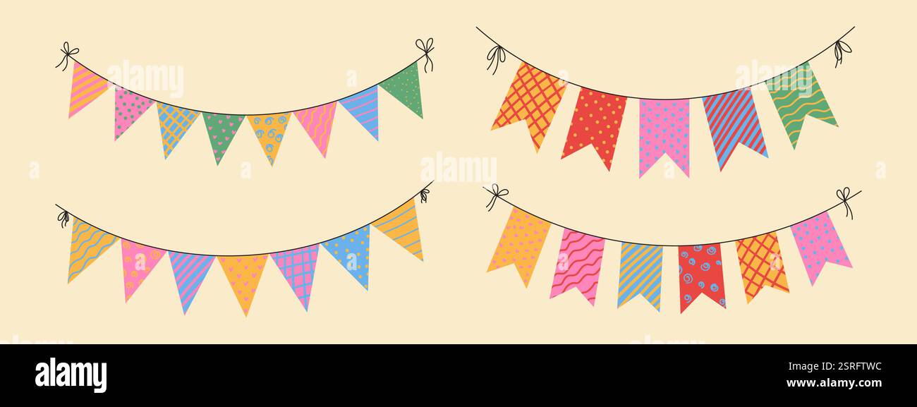 Guirlandes de drapeau avec des motifs. Banderoles ensemble pour anniversaire, carnaval et fête Illustration de Vecteur