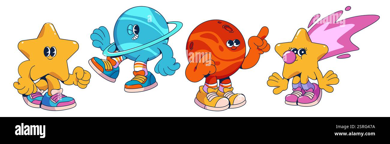Personnages d'univers de dessin animé groovy avec des corps célestes expressifs dans des baskets. Étoiles jaunes, planète bleue, mars rouge et comète cosmique avec bu rose Illustration de Vecteur