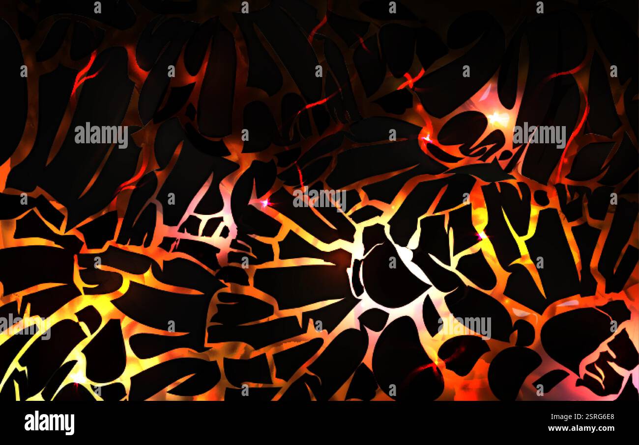 Motif de fissures de lave - fissures rouges jaunes incandescentes à travers la surface sombre, texture volcanique abstraite avec des effets de lumière fondue, fractures brûlantes backgro Illustration de Vecteur