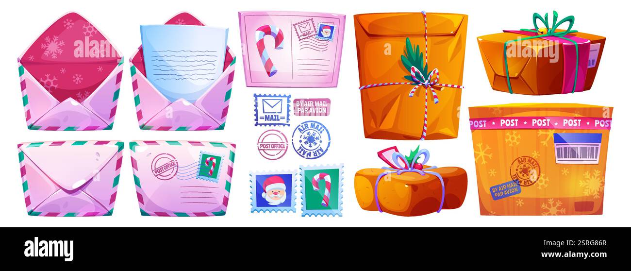 Collection postale de Noël de dessin animé - enveloppes roses avec motif flocon de neige, boîtes à colis brunes enveloppées, timbres postaux festifs, lettres scellées, air Illustration de Vecteur