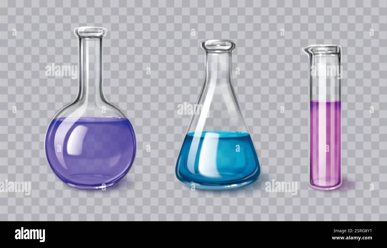 Ensemble de verrerie de laboratoire de chimie de récipients transparents 3d avec des liquides colorés - flacon rond avec solution violette, bécher conique avec liquide bleu Illustration de Vecteur