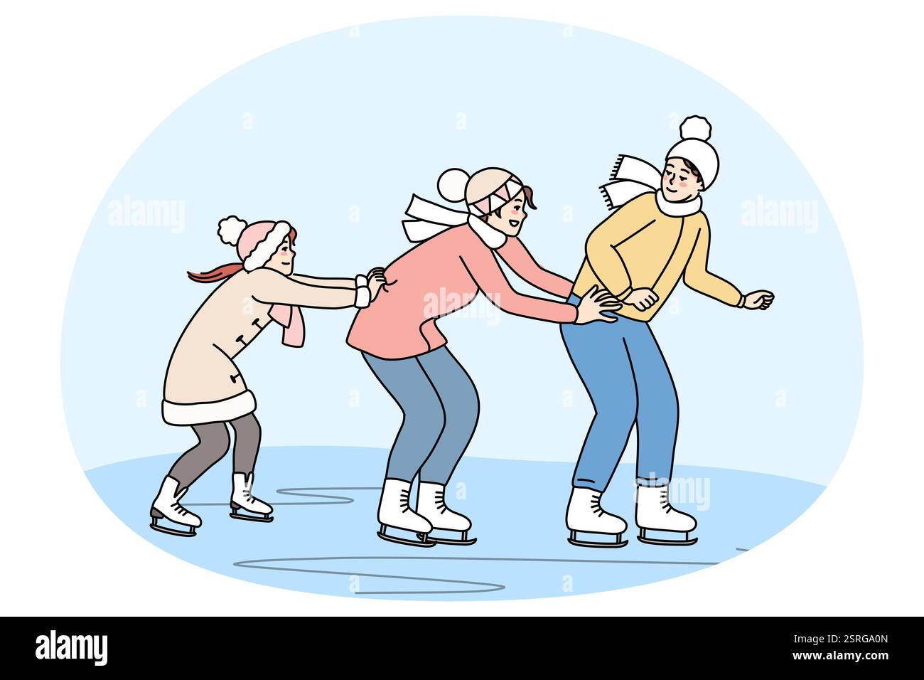 Familie beim gemeinsamen Schlittschuhlaufen auf der Eislaufbahn famille heureuse amusez-vous patiner sur la patinoire en vacances d'hiver ensemble. Parents souriants Banque D'Images