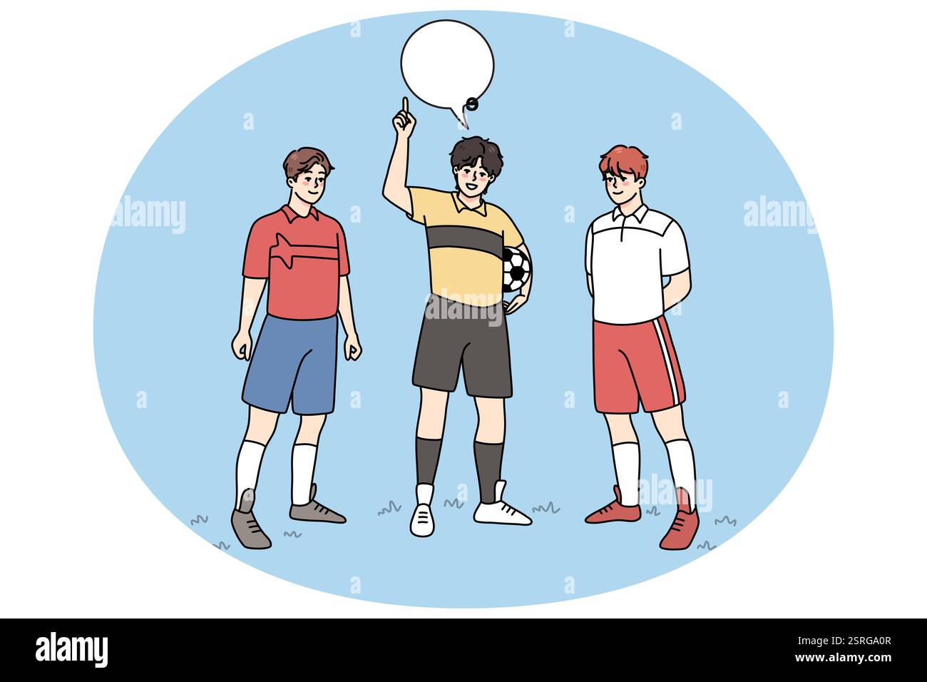 Schiedsrichter mit Fußballspielern auf dem Spielfeld arbitre avec des joueurs de football annoncent le fair-play sur le terrain. Concept d'activité sportive. Hommes jouant f Banque D'Images