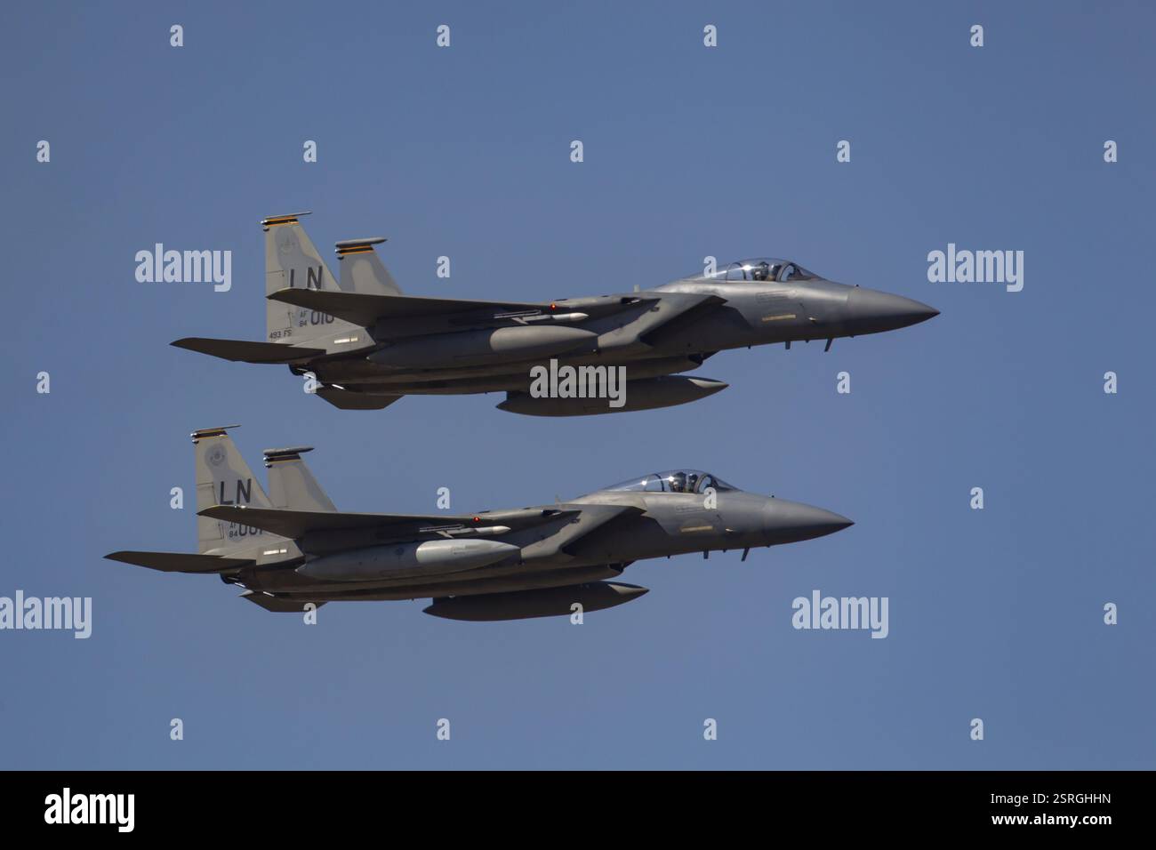 McDonnell Douglas F-15 Eagle deux avions aux couleurs de l'USAF de l'armée de l'air des États-Unis, Angleterre, Royaume-Uni, Europe Banque D'Images