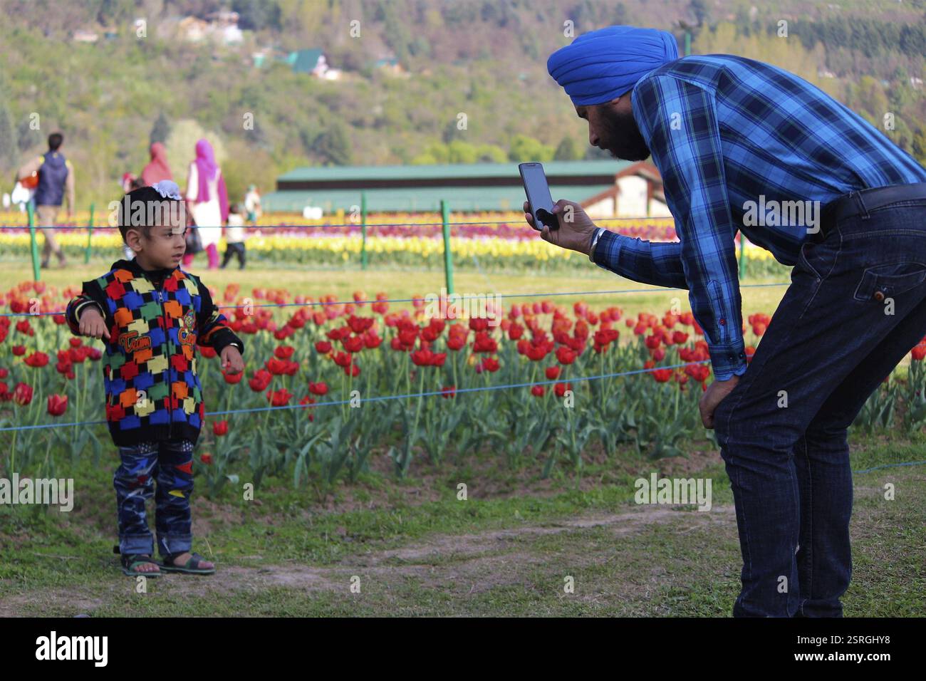 Touristes à Indira Gandhi Memorial Tulip Garden, Srinagar, Cachemire, Inde, Asie Banque D'Images