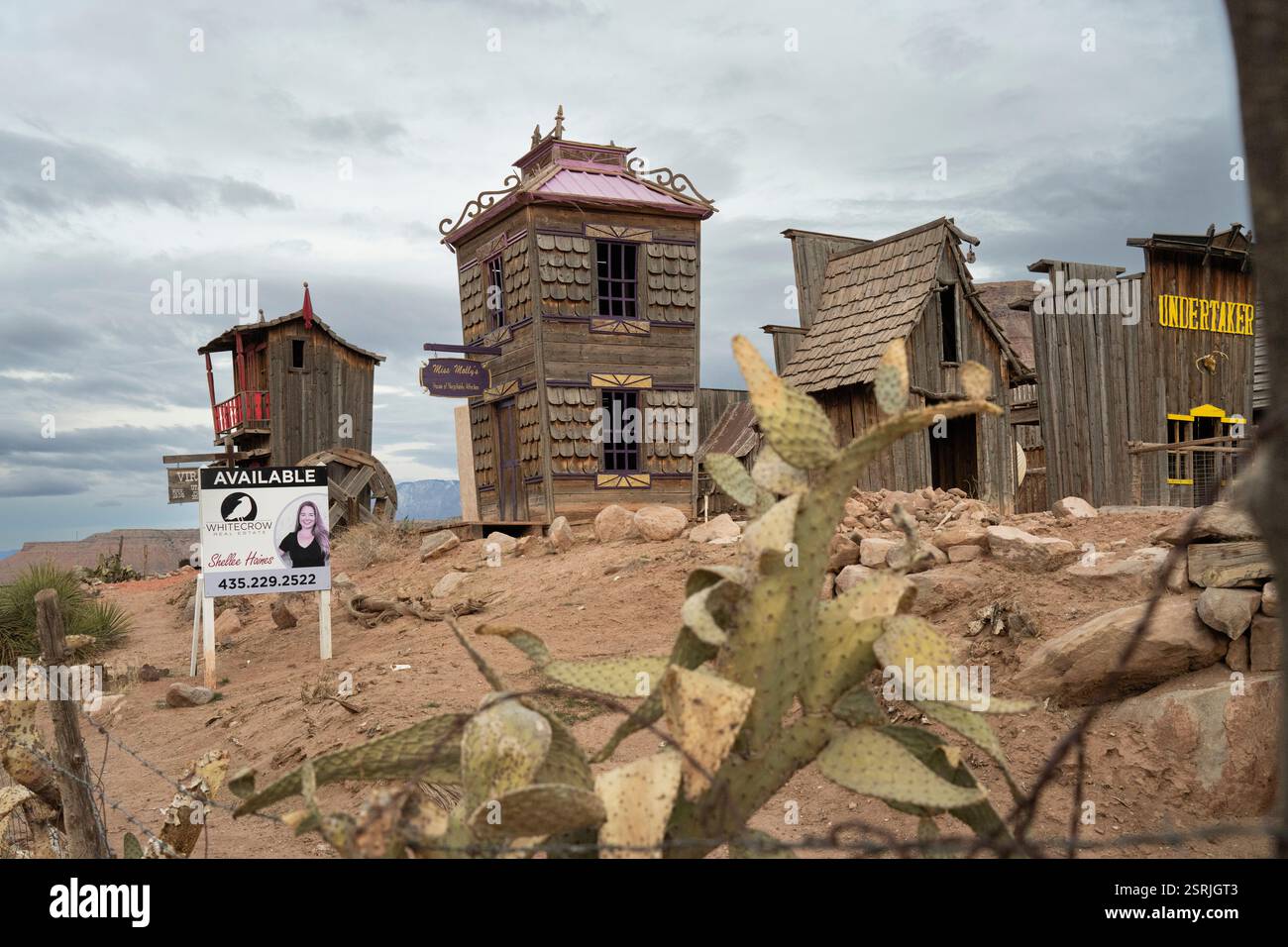 Panneau immobilier dans une attraction sur le thème du Far West. Les bâtiments comprennent Miss Molly's et Undertaker Shops. Banque D'Images