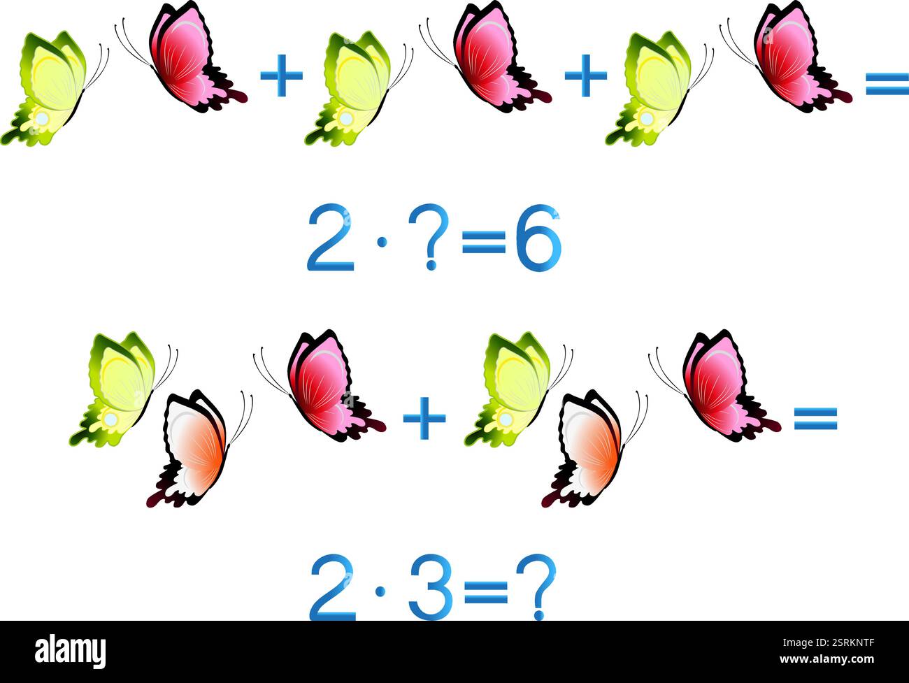 Jeux éducatifs pour enfants, action de multiplication, exemple avec des papillons. Illustration de Vecteur