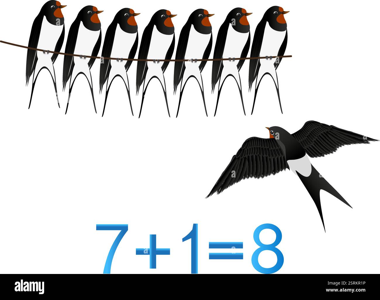 Jeux éducatifs pour enfants, formation numéro huit, exemple avec des hirondelles. Illustration de Vecteur