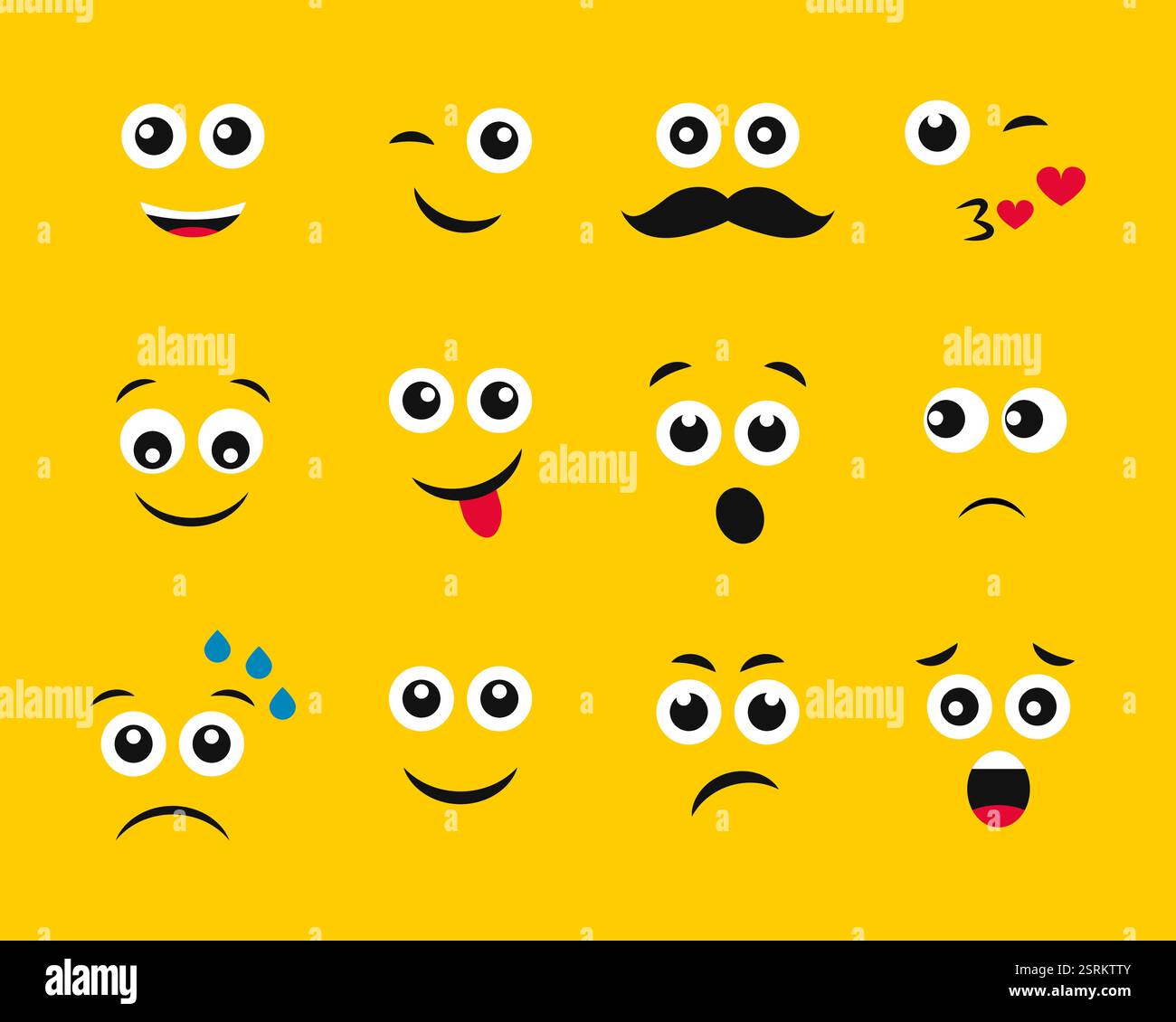 Visages de dessins animés avec des émotions sur fond jaune. Ensemble de douze émoticônes différentes. Illustration vectorielle Illustration de Vecteur