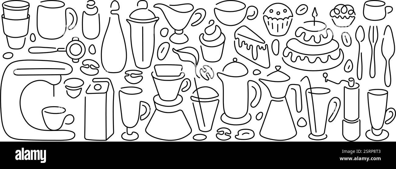 Ligne de café, service à thé dans un style minimal. Tasse d'esquisse, dessert sucré de boulangerie vecteur, signe de bar abstrait. Collection Doodle café. Différents outils pour la fabrication Illustration de Vecteur