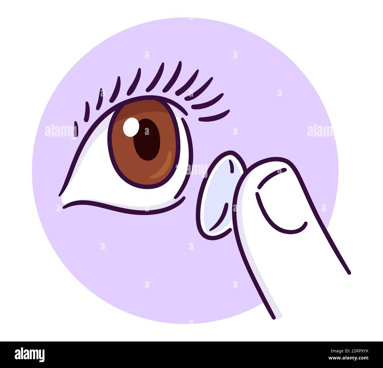 Mettre dans des lentilles de contact dessiné à la main icône doodle. Oeil brun et doigt tenant la lentille sur le cercle coloré. Dessin simple, illustration clip art vectorielle. Illustration de Vecteur