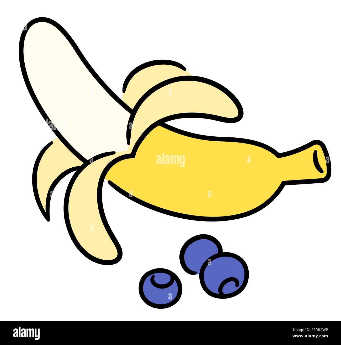 Banane pelée et bleuets, icône de doodle dessinée à la main. Dessin simple, illustration clip art vectorielle. Illustration de Vecteur