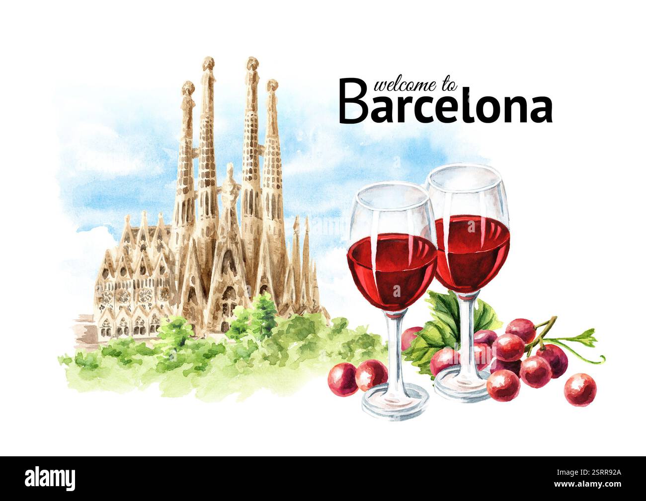 Bienvenue à Barcelona Card avec vin rouge et Basilica de la Sagrada Familia, Espagne. Aquarelle réelle illustration dessinée à la main isolée sur fond blanc Banque D'Images