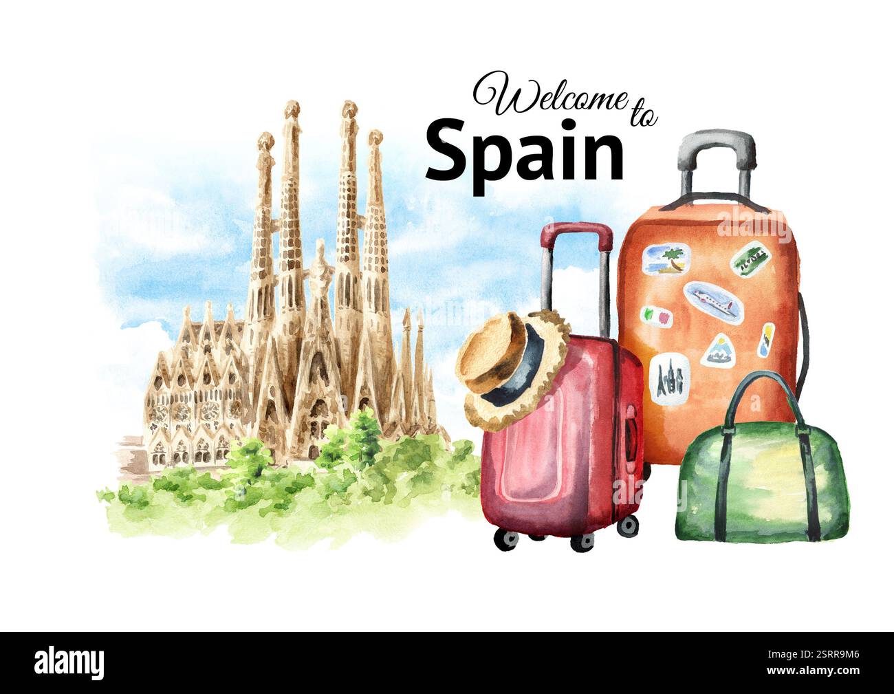 Bienvenue à Barcelona Card avec sacs de voyage et Basilica de la Sagrada Familia, Espagne. Aquarelle réelle illustration dessinée à la main isolée sur backgr blanc Banque D'Images