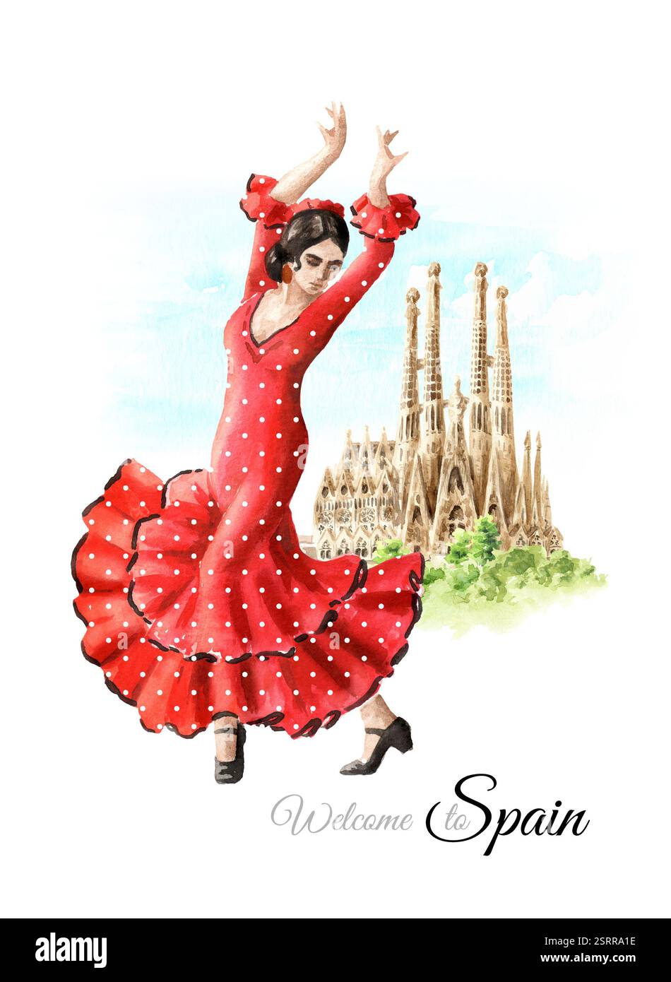 Carte de bienvenue en Espagne avec danse flamenco et Basilica de la Sagrada Familia, Barcelone. Aquarelle réelle illustration dessinée à la main isolée sur bac blanc Banque D'Images