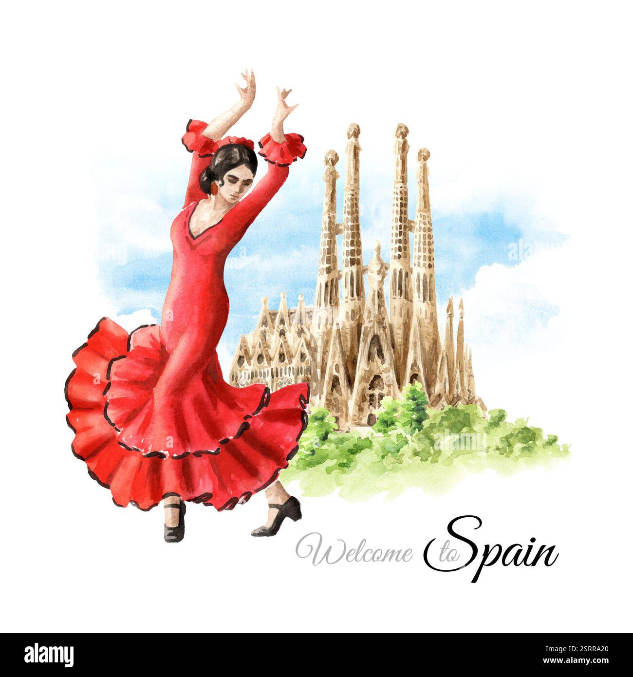 Carte de bienvenue en Espagne avec danse flamenco et Basilica de la Sagrada Familia, Barcelone. Aquarelle réelle illustration dessinée à la main, isolé sur BA blanc Banque D'Images