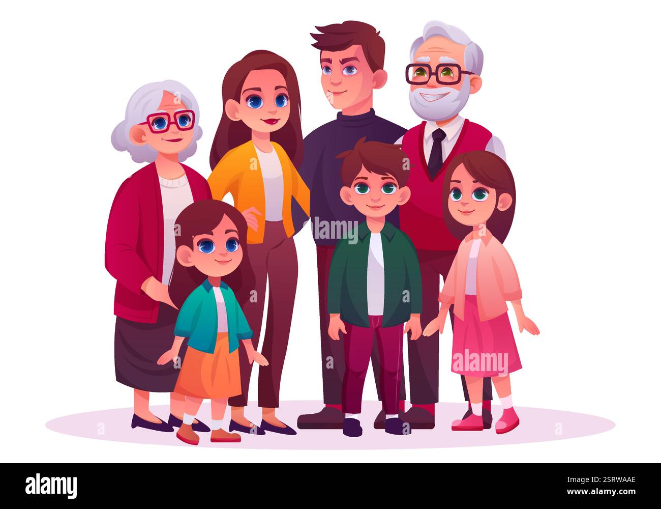 Joyeux câlin familial. Personnages de gens, grands enfants ensemble. Grand-mère et grand-père, groupe d'enfants avec femme et homme. Mère et père. Dessin animé vectoriel Illustration de Vecteur