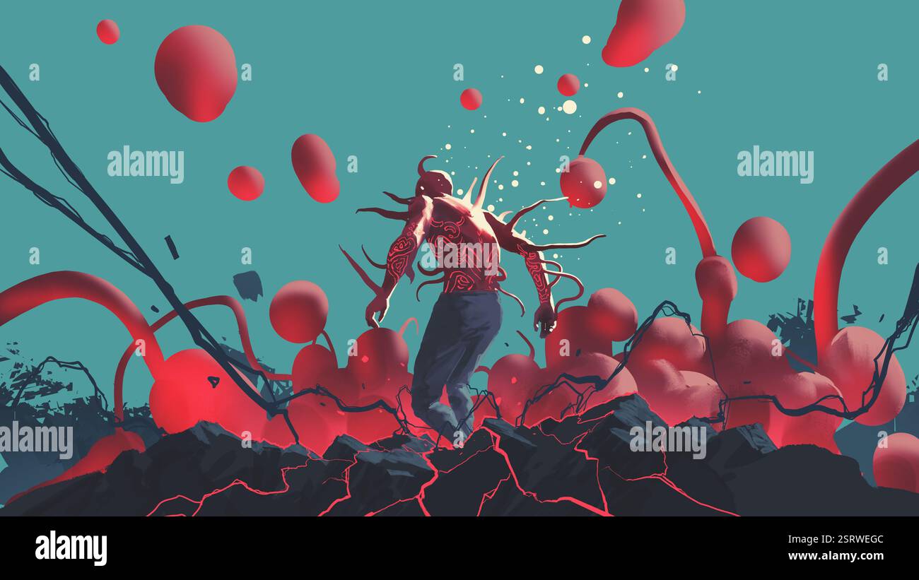 Homme brillant dans le champ d'énergie rouge surréaliste Banque D'Images